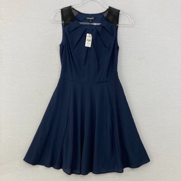 New Express size 2 Navy Sleeveless Fit and Flare Mesh Detail Side Zip Dress - Picture 1 of 9